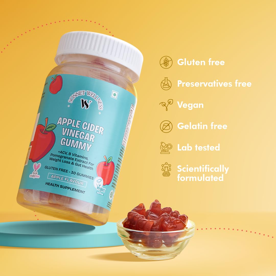 Sonnet Wellness Apple Cider Vinegar Gummies | Digestion | Gut Health | Weight Management | Cholesterol Management | Blood Sugar Control | Vegan | Gluten Free | 30 Gummies | Pack of 3