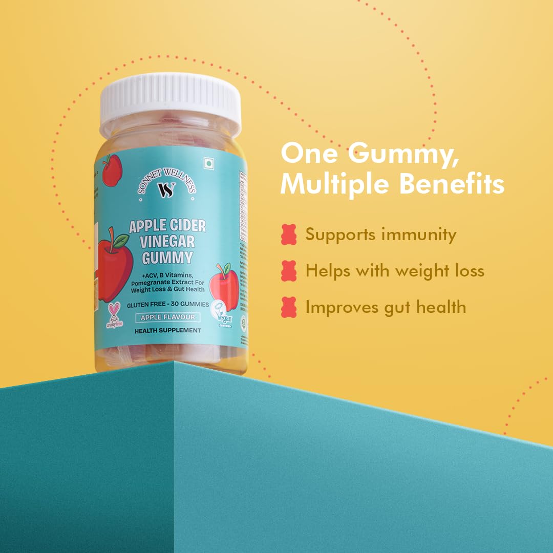 Sonnet Wellness Apple Cider Vinegar Gummies | Digestion | Gut Health | Weight Management | Cholesterol Management | Blood Sugar Control | Vegan | Gluten Free | 30 Gummies | Pack of 3